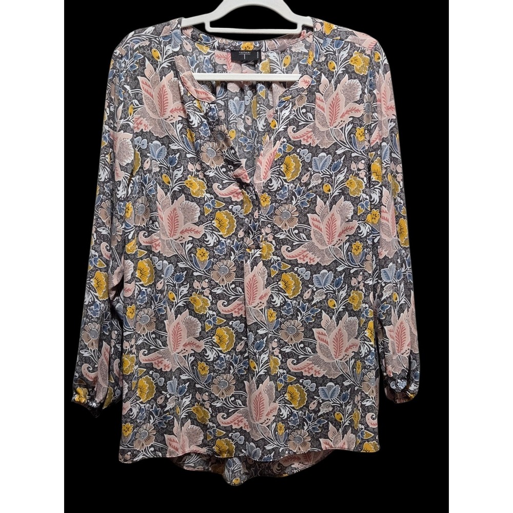 Tahari Woman Floral Paisley Split Neck Blouse Grey Pink 2X Long Sleeve Top